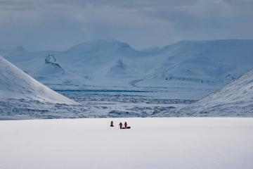 Three people walking in a tundra.