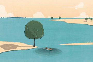 Illustration of a rowboat tied to a tree on a lake with two people sitting in the boat