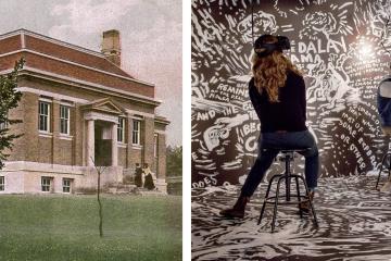 Postcard of Carnegie Library, as well as students interacting with an immersive VR project