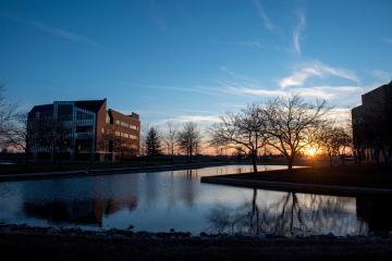 Sunset at the Ohio University Heritage College of Osteopathic Medicine Dublin Campus.