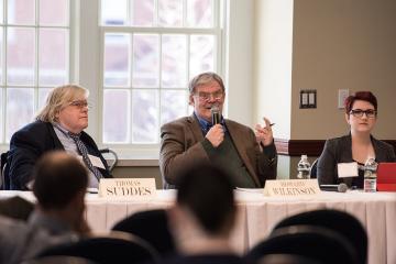 Thomas Suddes, MA '02, CERT, PHD '09; Howard Wilkinson; and Trista Thurston, BSJ '16, serve as panelists for the conference's topic, 