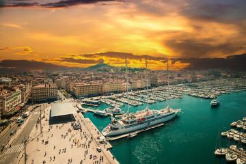 Sea port of Marseille, France in the evening