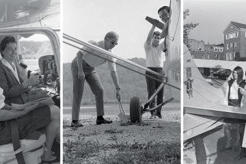 collage of three vintage photos of people in Athens in or looking at airplanes