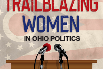 Trailblazing Women graphic with microphones and a podium