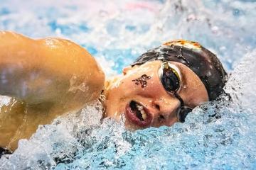 OHIO alum Ryan Grzybowski's photo of Olena Sadovska swimming in a 2021 swim meet.