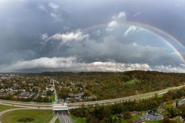 A double rainbow appears over the Ohio University Athens campus in Athens, Ohio