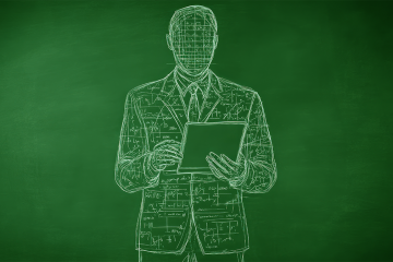 Illustration of professor holding laptop in front of classroom