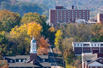 Bromley Hall and Athens, Ohio is shown on a fall day