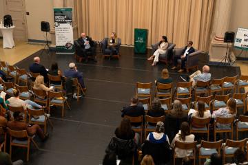 Audience members listen to the panel discussion at the Environmental Studies 50th Anniversary event.