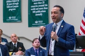 A speaker gives a presentation at the Defense Logistics Agency Manufacturing Summit at the OHIO-Dublin campus