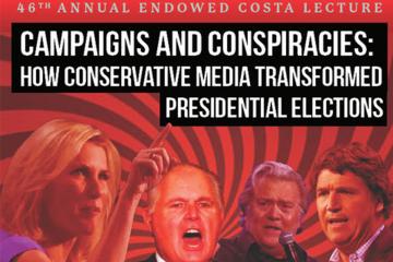 a poster advertising the Costa Lecture titled "Campaigns and Conspiracies: How Conservative Media Changed Presidential Elections," on October 17