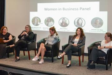 College of Business Dean Jackie Rees Ulmer speaks while the other panelists listen at the Women in Business Panel Discussion