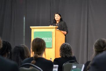 Dimple Dhabalia gives her presentation at the Raymond A. Lancaster Executive Leadership Speaker Series.