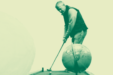 A graphic image showing a man playing putt-putt golf and there is a globe at the hole.