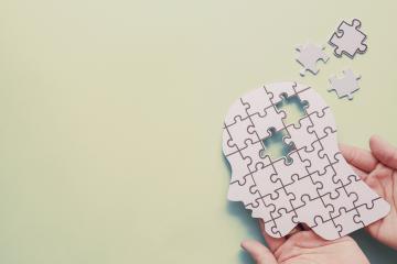 A puzzle featuring the outline of a human head with one piece missing