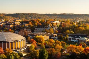 An aerial image of Ohio University and Athens, Ohio  in the Fall