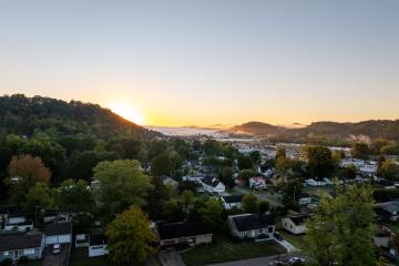 An aerial image of Athens, Ohio early in the morning