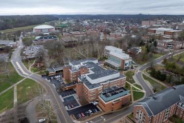 An aerial image  of OHIO's Athens Campus that shows the newly renovated Clippinger Hall
