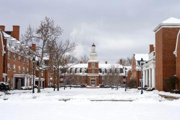 The West Green at Ohio University is covered in snow on a January day