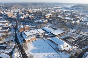 Ohio University and Athens are shown in an aerial photo on a snowy day in January