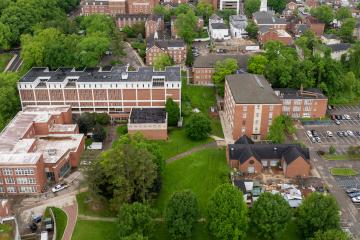 An aerial image of Seigfred Hall, Glidden Hall, Putnam Hall and the buildings around them