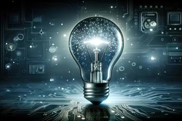 black and blue illustration of a lightbulb surrounded by tech ephemera