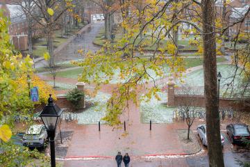A view of the Athens campus at Ohio University in the spring on a rainy day