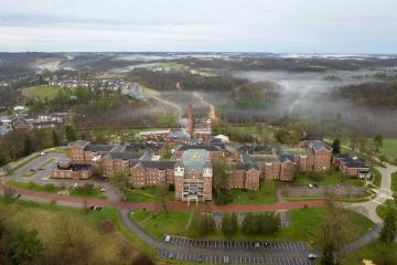 Spring 2024 aerial view of the Athens, Ohio campus at Ohio University