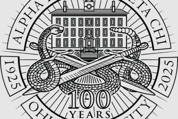 a graphic logo depicting two snake, crossed swords and Ohio University's Cutler Hall