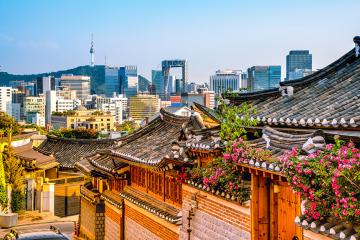 Traditional Korean style architecture at Bukchon Hanok Village in Seoul, South Korea