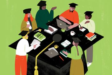  illustration of multicultural young adults wearing graduation caps gathered around a table with notebooks, laptops and cups of coffee