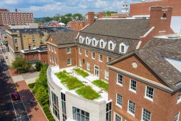 Wide shot of Schoonover Center and the green roof 
