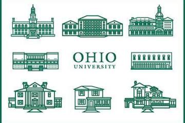 The designs of OHIO buildings for OHIO cards, along with the words Ohio University