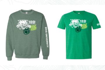 An image of two shirts, one long-sleeved and one short-sleeved, with the Attack Cat image and the words 100 Years of the Bobcat - Ohio University