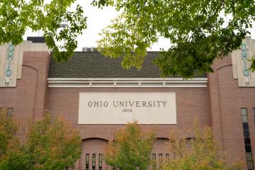 The outside of Peden Stadium says Ohio University 1804