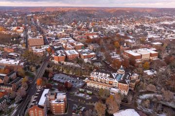 Ohio University's Athens Campus is covered with light snow in this aerial image