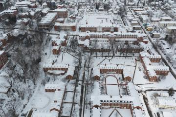 The OHIO Campus is shown covered in snow in this image from above