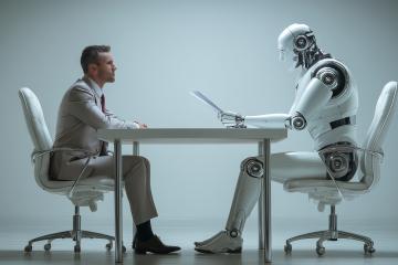 A man interviewing a robot 