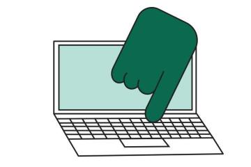 A finger is shown pointing at the keyboard on a computer in this graphic design