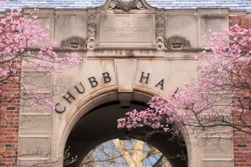 Chubb Hall is shown with colorful trees in front of the building, the building has the words "Chubb Hall" and "The Edwin-Watts-Chubb Library" on the wall