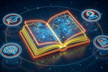 A graphic image of a book surrounded by images of a brain, graduation cap, person and paper