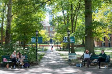 Students sit with one another on benches on the College Green on a warm and sunny day