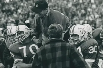 An image of former OHIO Football coach Bill Hess at Peden Stadium
