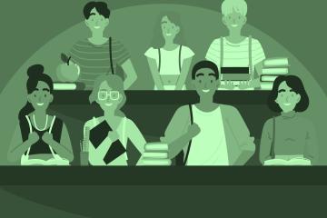 An Illustration of students sitting in two rows in a classroom, with books on their desks