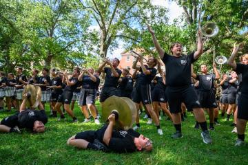 The Marching 110 performs on College Green as part of the campus involvement fair