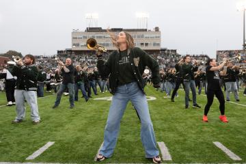 The Marching 110 Alumni band performs at the 2026 OHIO Homecoming game