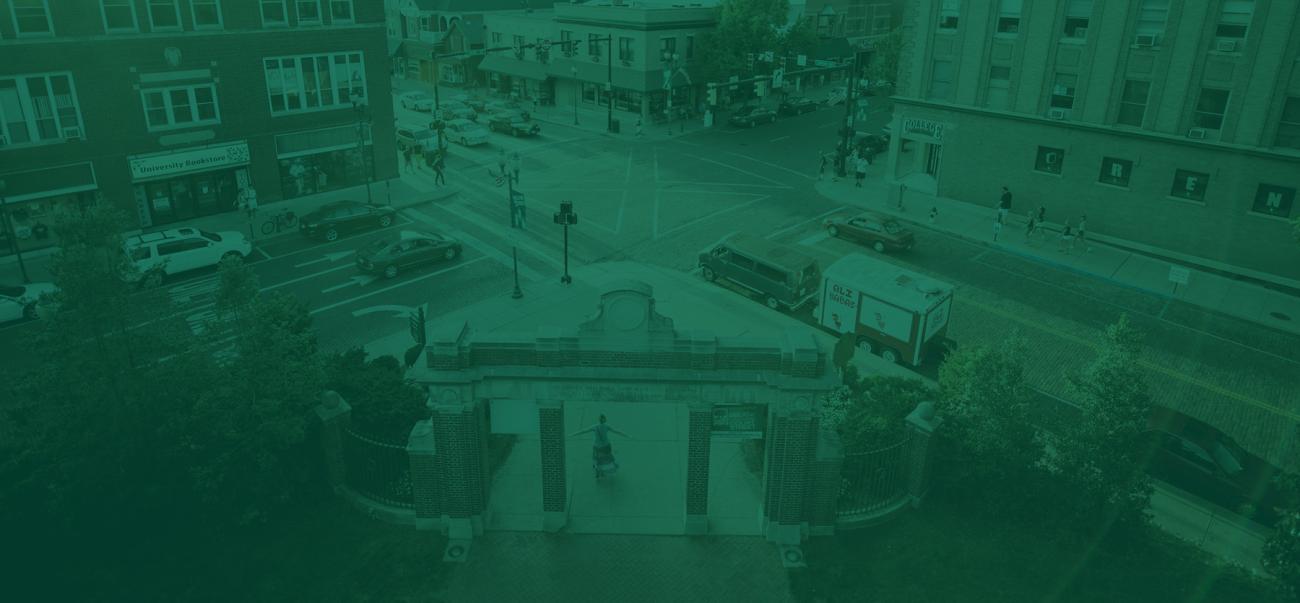 Aerial view of Ohio University's alumni gateway leading into downtown Athens, Ohio