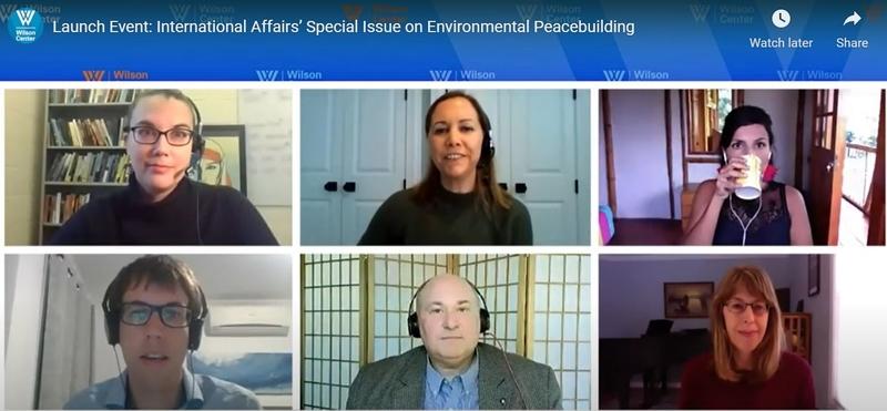 A screenshot of the environmental peacebuilding webinar